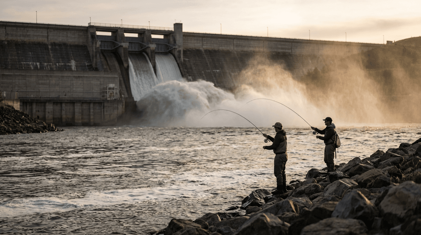 Anglers fishing the tailwater below a dam spillway at sunset