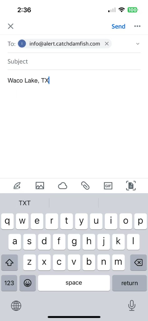 Send lake name to get fishing report